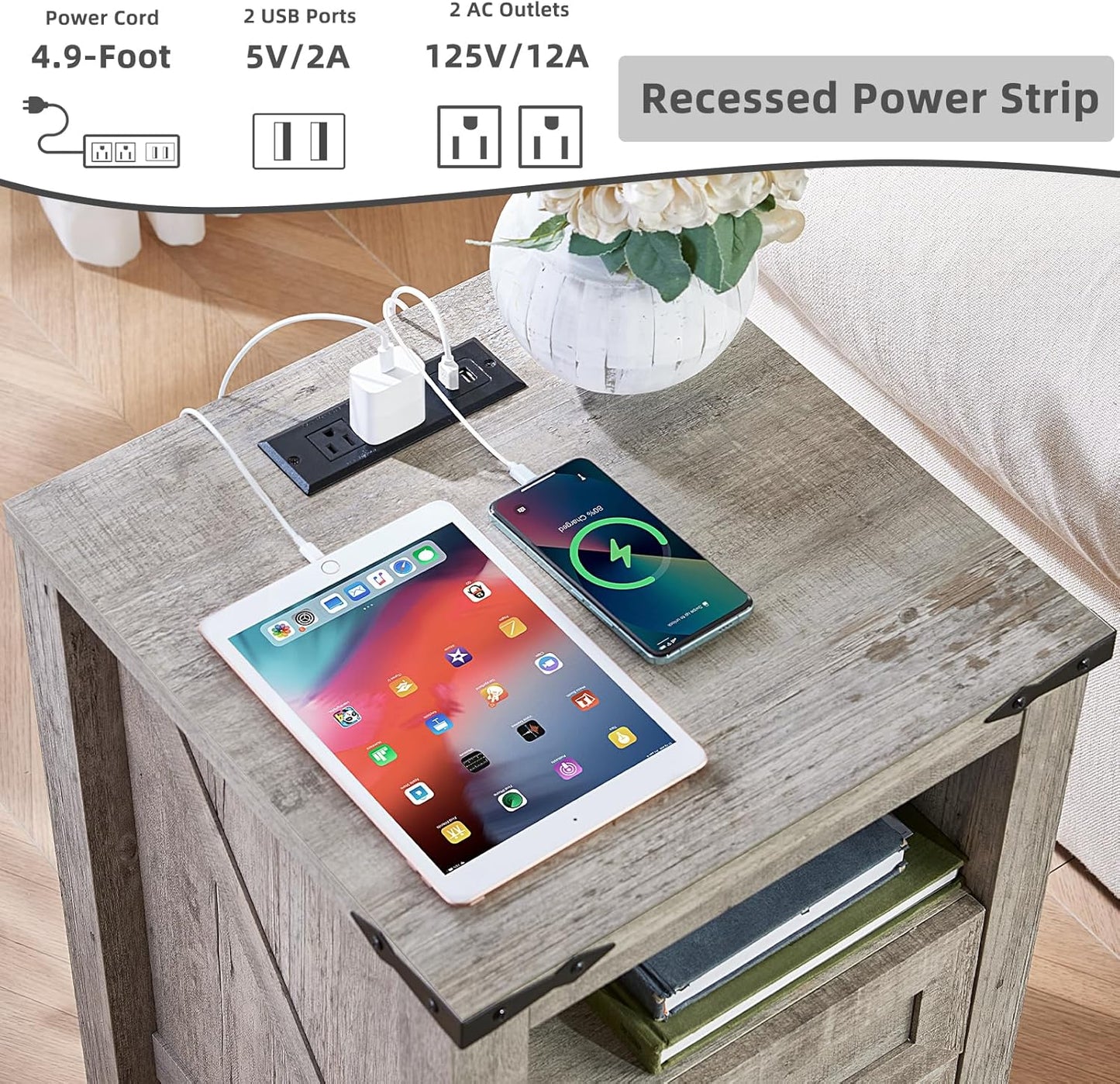 Nightstand with Charging Station and USB Port, Farmhouse Night Stand with 2 Drawers and Shelf Storage, Wooden Side End Table, Bedside Cabinet for Bedroom, Living Room, Closet,Office (Grey)