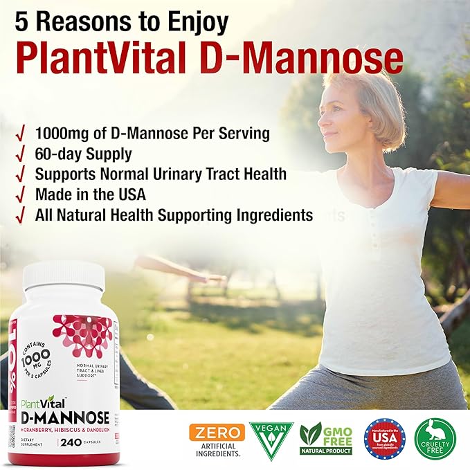 Plantvital D Mannose Capsules with Cranberry - D-mannose 1000mg Capsules - High Potency for Bladder, Kidney and Urinary Tract Support. Cranberry Powder with Hibiscus and Dandelion.4 Months Supply