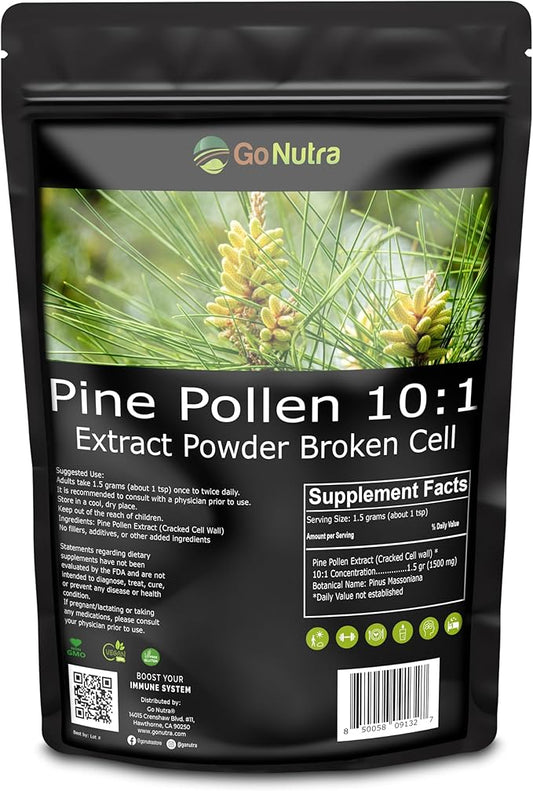 Go Nutra - Pine Pollen Powder, Potent 10:1 Pine Pollen Powder from Masson Pine Trees, Pure Powdered Pine Pollen for Tea, Coffee, Juice, Smoothies, and More, Non-GMO, Vegan, 1 lb