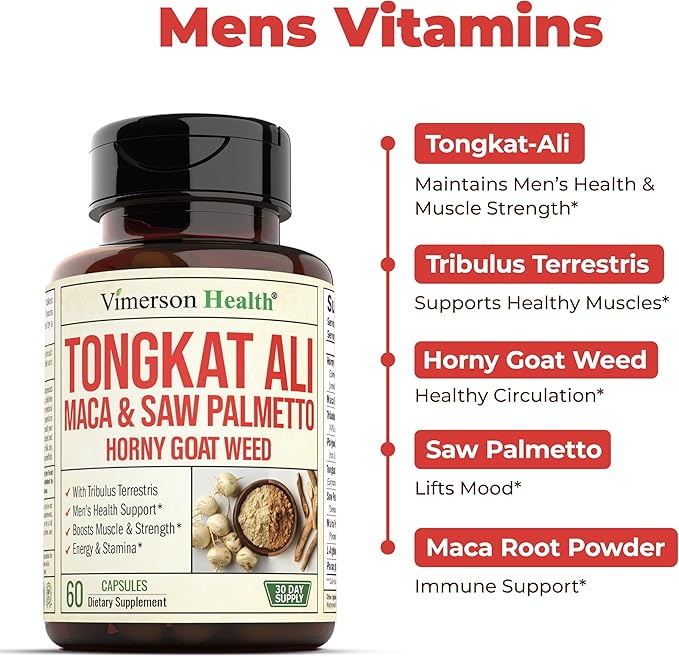 Maca Root, Saw Palmetto & HornyGoatWeed For Men – Tongkat Ali and Panax Ginseng Supplement for Energy, Drive & Strength – Workout Supplement For Men with Tribulus Terrestris & L-Arginine – 60 Capsules