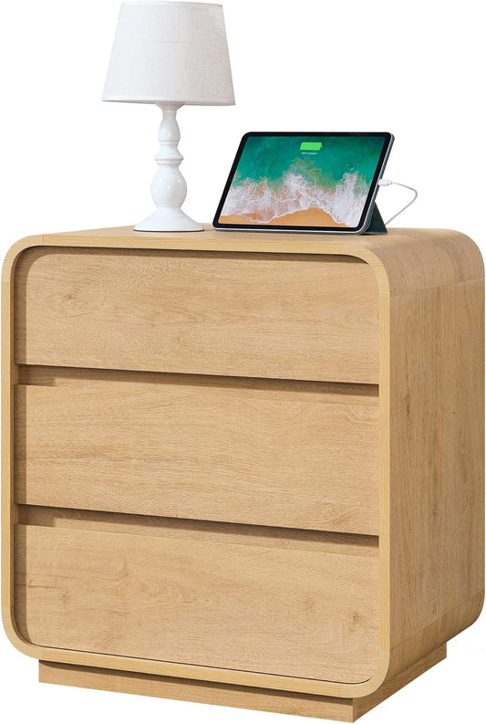 Modern Nightstand, 25" Tall Wood Bedside Table with Charging Station, 3 Drawers Dresser Side Table, Large End Table Night Stand for Bedroom, Office, Sofa, Curved Profile Design, Natural