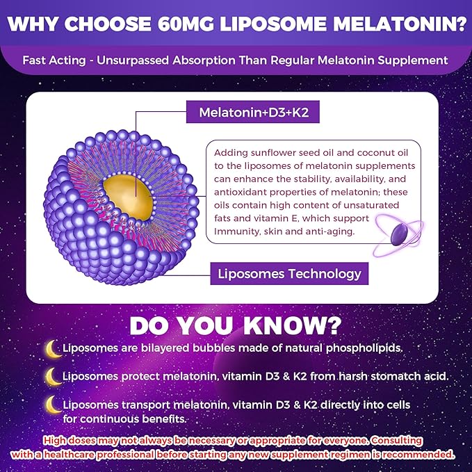 Melatonin 60mg for Adults High Dose, Supports Deep Rest & Brain Cognition, Extra Strength Liposomal Melatonin with Vitamin D3 K2, Chamomile, for Sound Zzz Cycle, Immune & Antioxidant, 150 Softgels