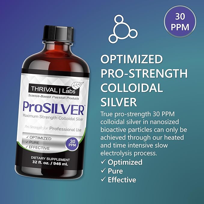ProSILVER Black Label Pro-Strength Colloidal Silver for Immune Support, 30 PPM Maximum Strength for Professional Use, Dark Glass Bottle - Thrival Labs (64oz)