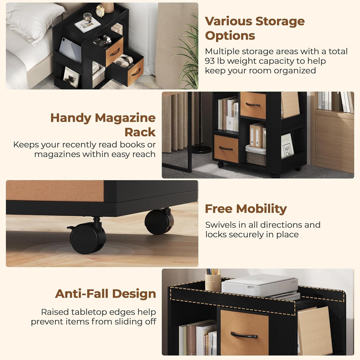 Yaheetech Narrow Side Table with Storage, Wooden Rolling Nightstand Bedside Table with Wheels, Magazine Racks and Open Shelves, End Table with Drawers for Living Room Bedroom, Black
