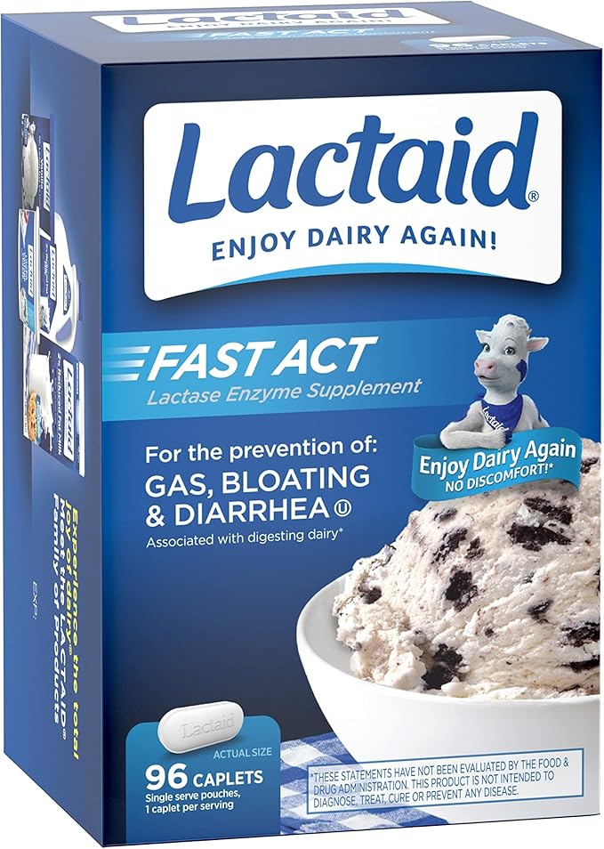 Lactaid Fast Act Lactose Intolerance Caplets with Lactase Enzyme, Dairy Relief from Gas, Bloating & Diarrhea, 9000 FCC Lactose Intolerance Pills, 96 Individual Travel On-The-Go Packs (96 x 1 ct)