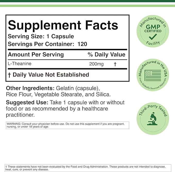L-Theanine Supplement 200mg, 120 Capsules (Soy Free, Gluten Free, Non-GMO, Third Party Tested) Synergy with Magnesium L-Threonate and Apigenin by Double Wood