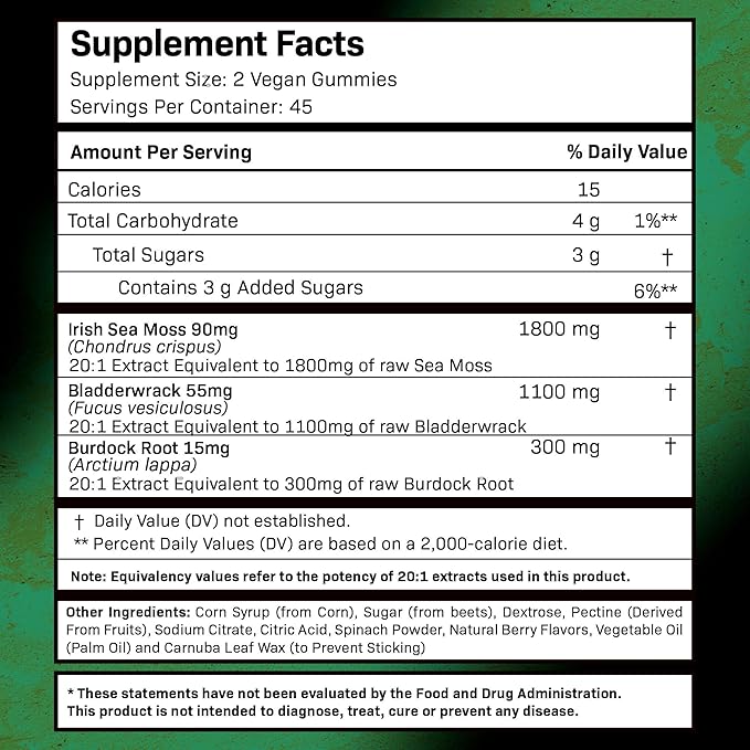 Sea Moss Gummies, 3200mg Irish Sea Moss Mixed Berry Flavor with Maximum Potency Bladderwrack and Burdock Root - Supports Skin, Energy and Immunity - 90 Count