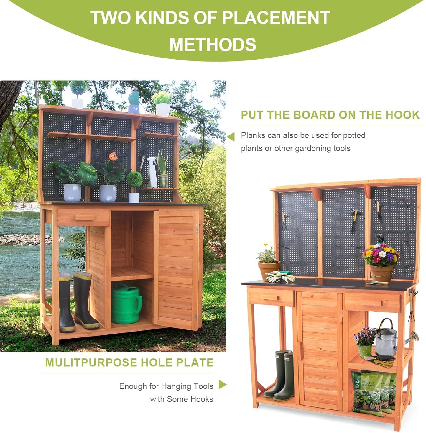 Outdoor Potting Bench,Wooden Potting Table with Metal Tabletop,Garden Work Bench with Drawer and Free Matching Storage Cabinet Shelf/Hooks for Backyard,Patio,Greenhouse (Black, 44 * 20 * 63in)