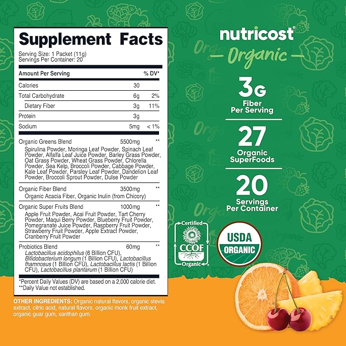 Nutricost Organic Super Greens (Orange Sunrise Flavored) 20 Stickpacks - Gluten-Free, Non-GMO