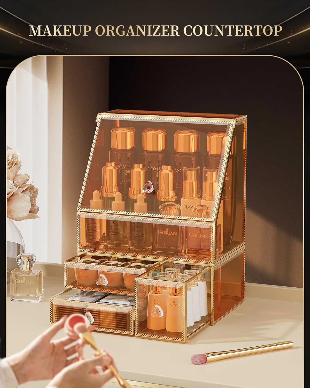 Makeup Organizer Countertop,Amber Makeup Organizer with Drawer, Skincare Holder for Bathroom Countertop,Cosmetic Display Case for Dresser