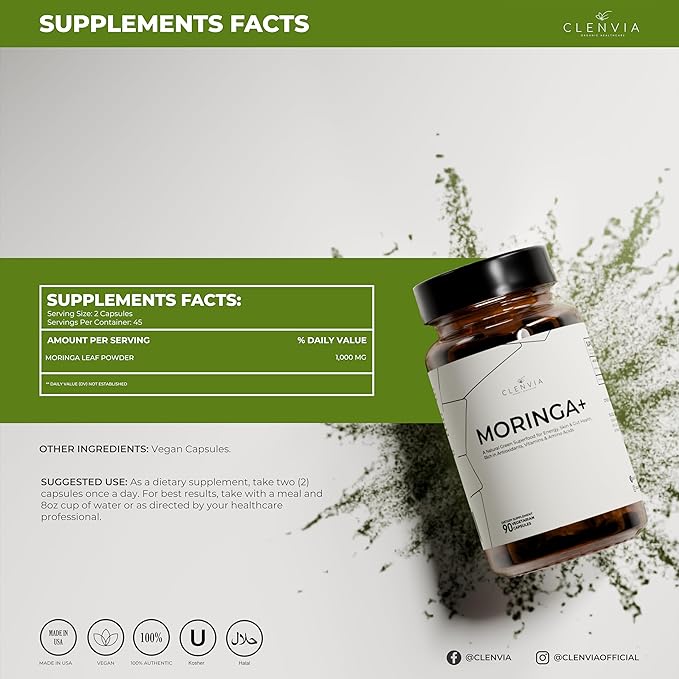 Organic Moringa Capsules 1000mg – 100% Pure Moringa Leaf Powder – Premium Quality Green Superfood Supplement – Rich Botanical Source with Natural Plant-Based Ingredients – 90 Capsules – Made in USA