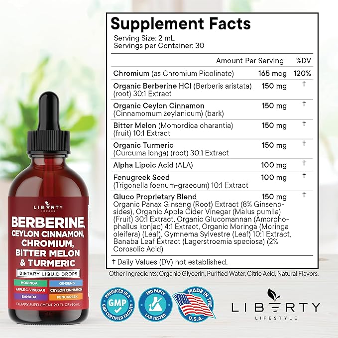 Berberine with Ceylon Cinnamon Supplement Liquid Drops + Bitter Melon Extract, Glucomannan, Gymnema, Chromium, Turmeric, Panax Ginseng, Moringa- 8 OZ