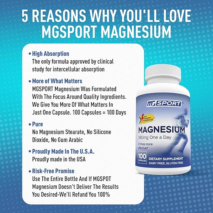 Magnesium Supplement Complex MGSPORT - High Absorption Supplement with Vitamins B6, D, E - Relieves Leg Cramps & Muscle Support - 100 Servings