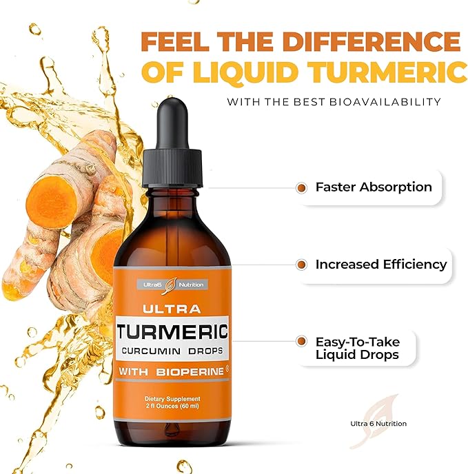 Liquid Turmeric Curcumin Extract with Black Pepper - Turmeric Drops with Bioperine - Easy-to-Take Supplements Made in USA (60ml)