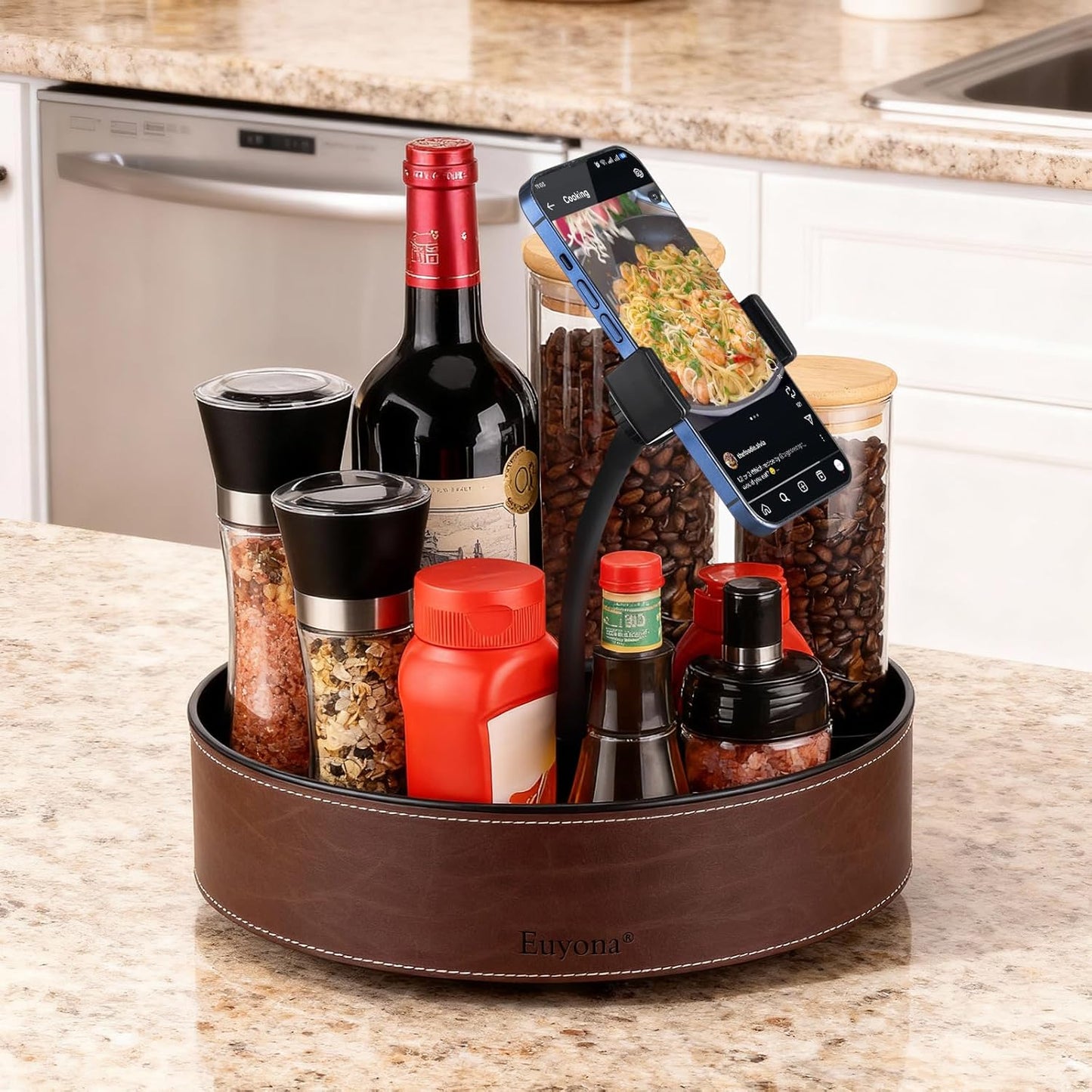 11.4 Inch Lazy Susan Turntable Organizer - 6 Removable Compartments with Phone Holder, 360° Rotating for Cabinet/Counter/Table. Spacious Storage for Food, Spices, Cosmetics & More.(Brown)