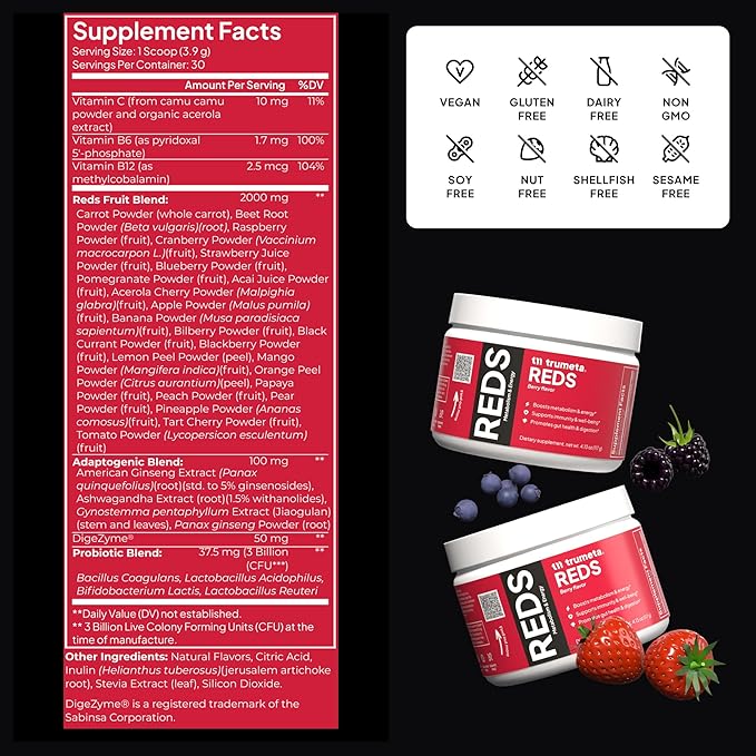 Reds Powder Jar - for Immune Support and Memory I Reds Superfood Powder Antioxidants Polyphenols Blend with Acai Berry, Goji Berry, Pomegranate
