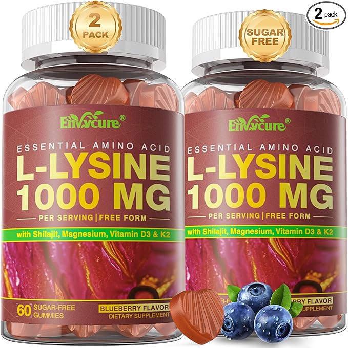 L-Lysine 1000mg/500mg Cold Sore Gummies for Adults & Kids 9+ | w/Vitamin D3, K2, C, Zinc & Magnesium | Chewable Lysine Gummy Amino Acid Supplements for Lips, Immune & Bone Health, Sugar Free, 120Cts