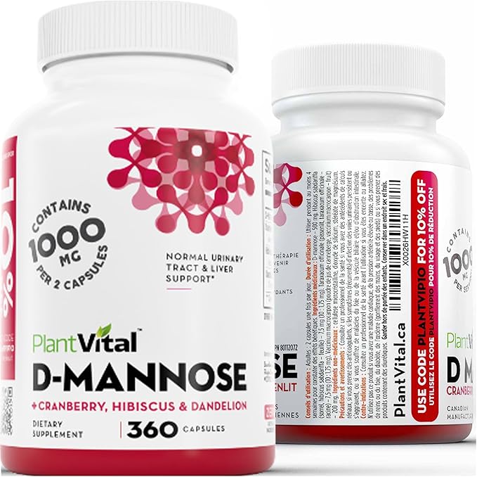 Plantvital D Mannose Capsules with Cranberry - D-mannose 1000mg Capsules - High Potency for Bladder, Kidney and Urinary Tract Support. Cranberry Powder with Hibiscus and Dandelion. 6 Months Supply