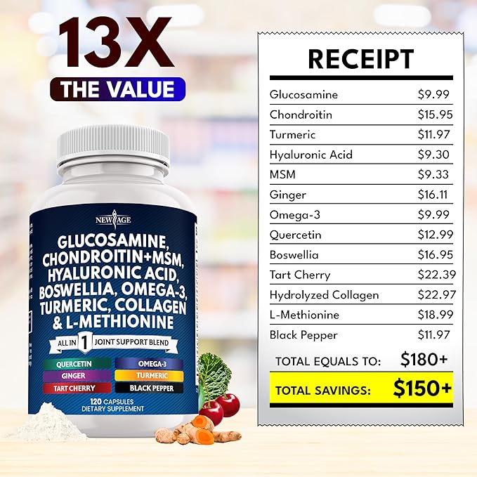 Glucosamine Chondroitin, MSM, Turmeric Curcumin, Collagen, Hyaluronic Acid, Omega 3 – Health Supplement for Men & Women – 240 Count