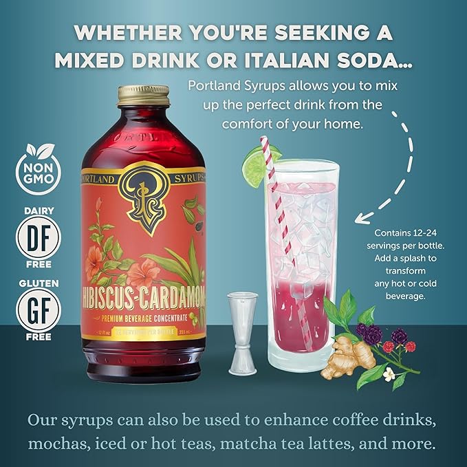 Portland Syrups Hibiscus Cardamom Syrup - Craft Exquisite Cocktails, Mocktails, Tea, Soda, Coffee Drinks, and More - 12 oz with 12 Servings (Pack of 1)