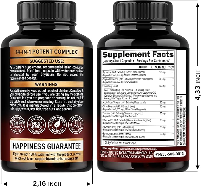 Berberine with Ceylon Cinnamon | Gymnema Extract | Apple Cider Vinegar | Hawthorn Berry | Citrus Bergamot | Bitter Melon - 14-in-1 Supplement for Heart Support, Metabolism & Energy - Vegan 60 Capsules