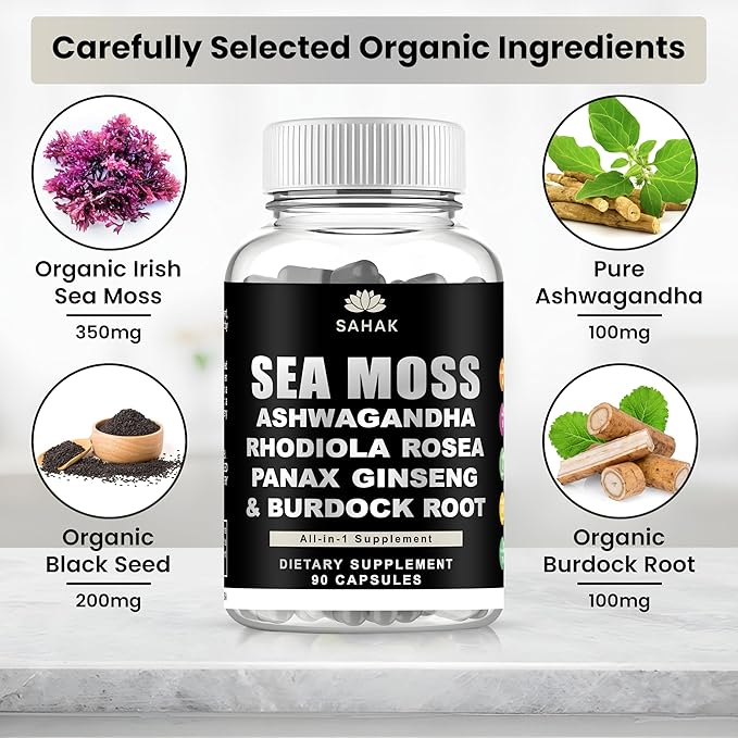 Sea Moss Capsules - Organic Irish Sea Moss with Ashwagandha, Rhodiola Rosea, Panax Ginseng, Burdock Root | Lab Tested | Immune Support, Energy, Cognition,for Women and Men - 90 Raw sea Moss Capsules