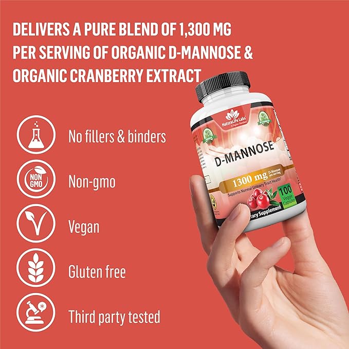 NaturaLife Labs A Higher Standard Organic D-Mannose 1,300 mg with Cranberry Extract Fast-Acting, Flush Impurities, Urinary Tract Health- 100 Veggie Capsules