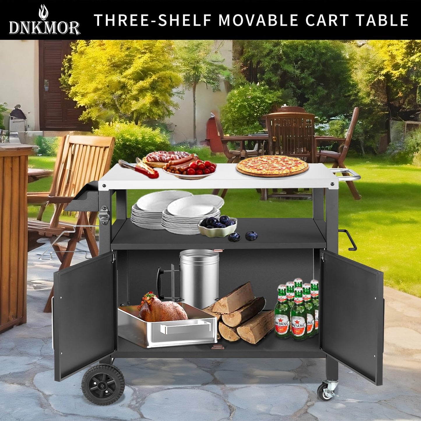 Dining Cart Table with Big Storage Cabinet, Movable Outdoor BBQ Grill Table Pizza Oven Stand, Kitchen Cart Island Multifunctional Food Prep for Inside and Outside