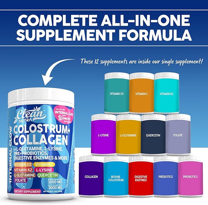 Bovine Colostrum Powder + Collagen Peptides with L-Glutamine L-Lysine Prebiotics Probiotics Digestive Enzymes Vitamin D K2 C Quercetin & Folate | Gut Health Supplement Internal Glow by Clean Nutra
