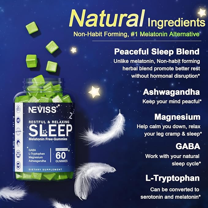 NEVISS Melatonin Free Sleep Aid Gummies for Adults - Magnesium Glycinate Gummies | GABA, L-Tryptophan, Magnesium, Ashwagandha - Non-Habit Forming, Help for Deep Relaxation - Vegan, Lemon Flavor, 2Pack
