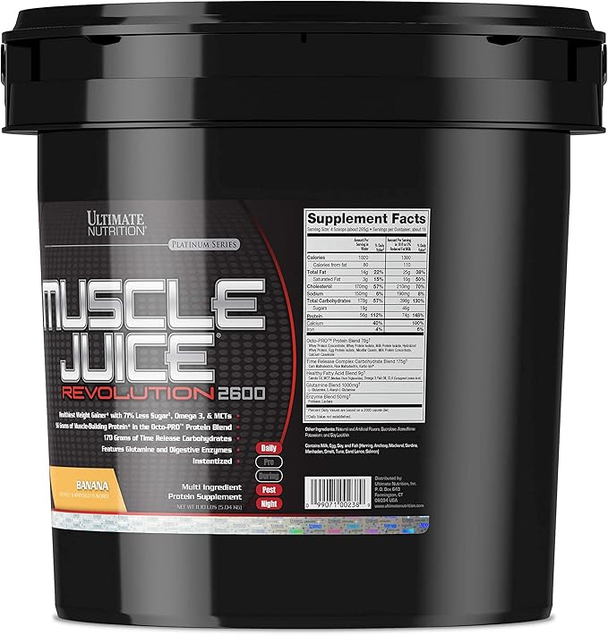 Ultimate Nutrition Muscle Juice 2600 Revolution, Weight Gain Drink Mix - Mass Gainer Workout Powder Supplement for Lean Muscle Growth & Recovery with 56g Protein Blend - Banana, 11.105lb