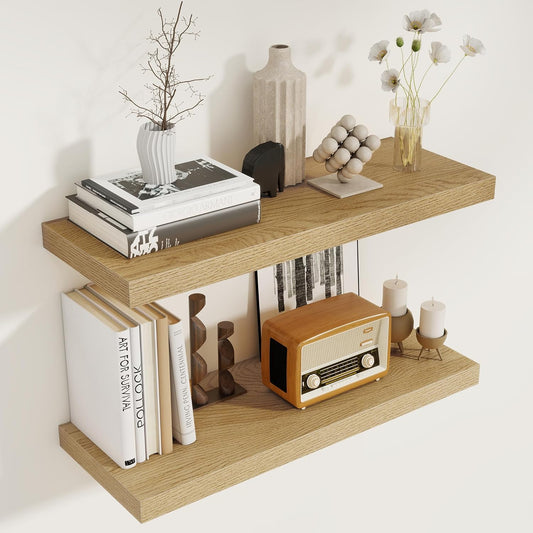 Floating Shelves for Wall, 27.5 Inch Bathroom Shelves Set of 2, Rustic Wood Wall Shelf with Invisible Brackets for Books|Storage|Decor, 8 Inch Deep Floating Shelf for Bedroom|Kitchen, Oak