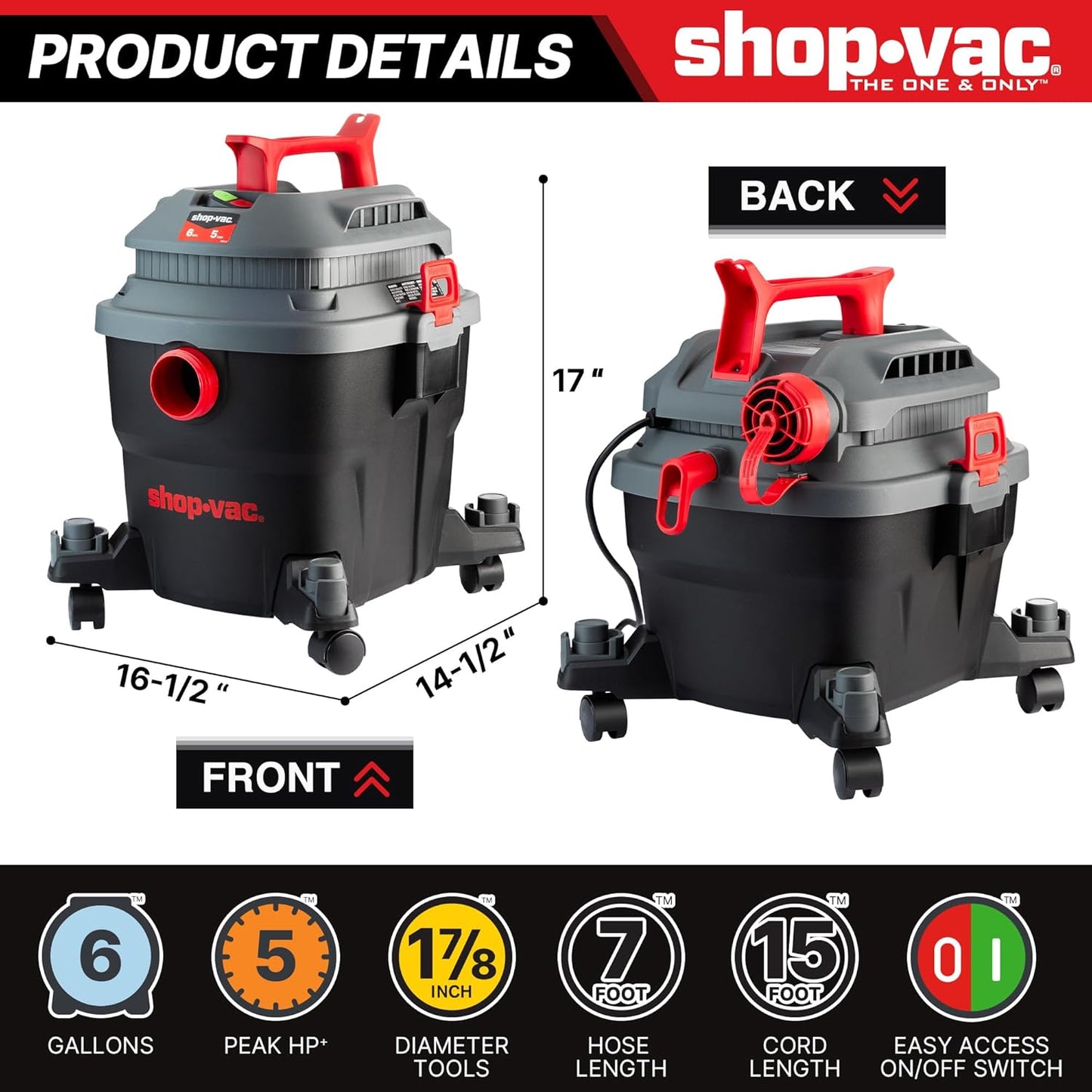 Shop-Vac 6 Gallon 5 Peak HP Wet/Dry Vacuum, Portable Shop Vacuum with Attachments for Jobsite, Garage & Workshop. 5430097