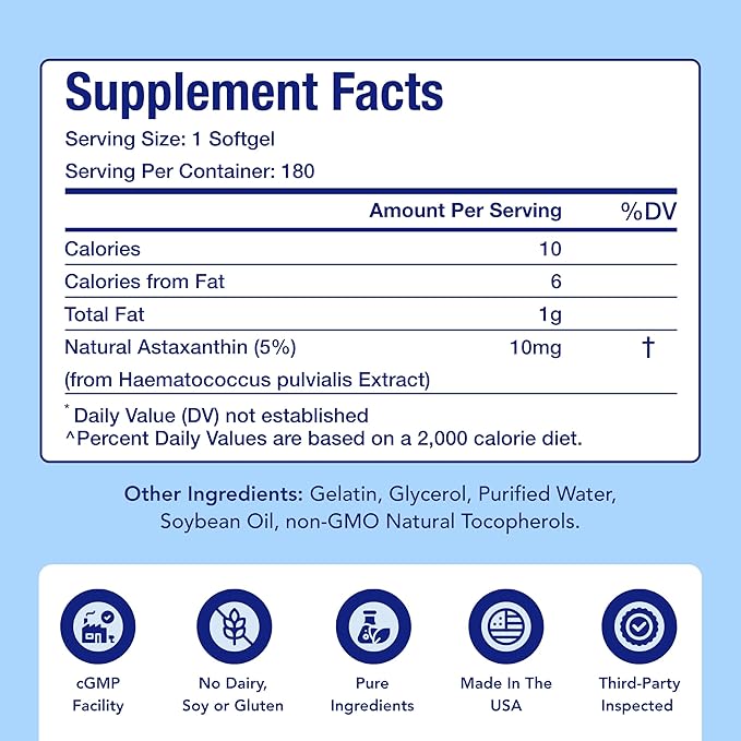 Astaxanthin Supplement for Men and Women | Antioxidant & Carotenoid Rich Astaxanthin 10mg From Haematococcus Pluvialis Microalgae for Eye & Skin Health Support (180 Day Supply) Packaging May Vary