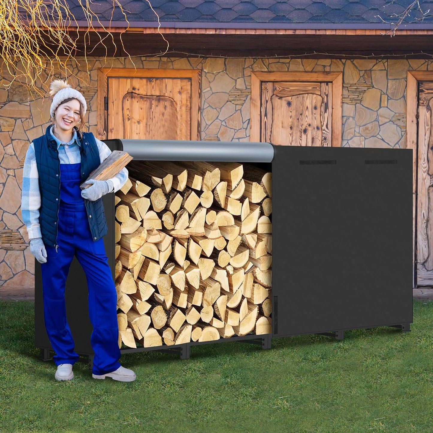 8ft Firewood Rack Outdoor with Waterproof Widened Cover, Heavy Duty Firewood Holder Included Supporting Strap, Powder-coated Wood Rack for Firewood Storage