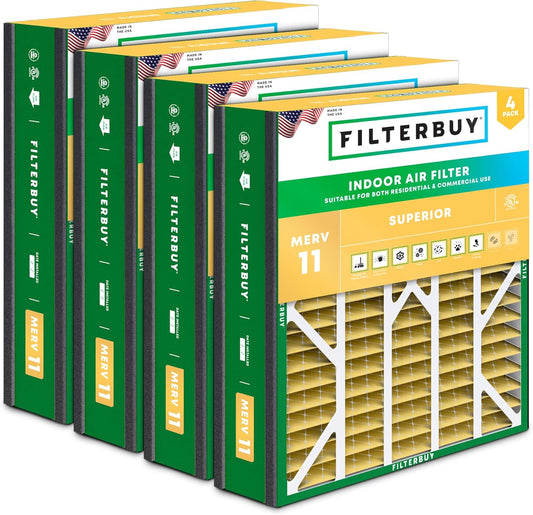 Filterbuy 20x25x5 Air Filter MERV 11 Superior Pet & Allergy Defense (4-Pack), Pleated HVAC AC Furnace Filters for Trion Air Bear, Generalaire, Skuttle, and More (Actual Size: 19.63 x 24.13 x 4.88)