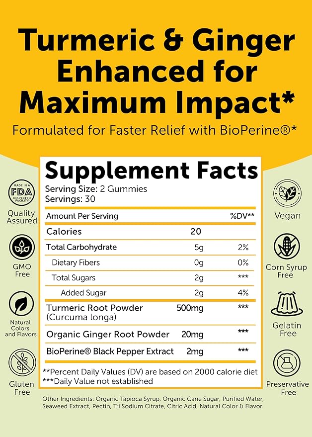 Lunakai USA Made Turmeric Gummies with Ginger & BioPerine – High Absorption Turmeric and Ginger Supplement for Inflammation, Joint & Immune Support, 60ct