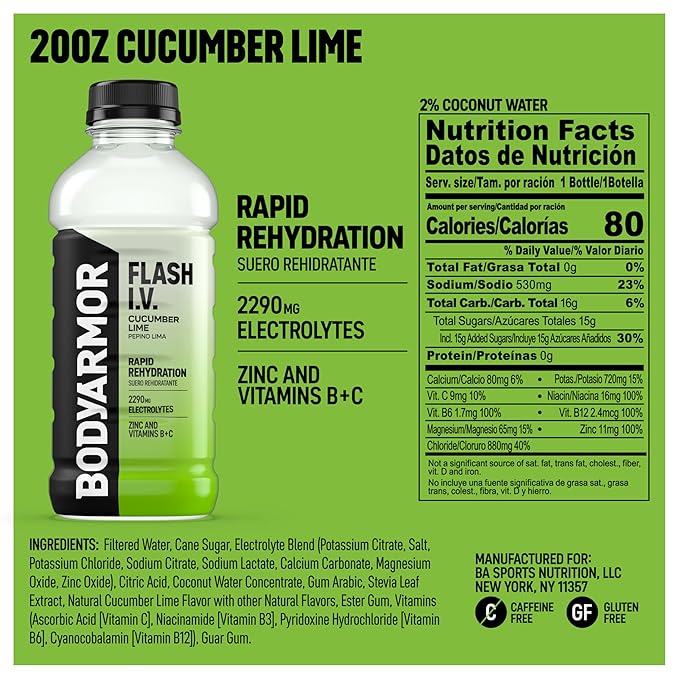 BODYARMOR Flash I.V. Electrolyte Beverage, Cucumber Lime, Hydration Drink with Coconut Water For Rapid Rehydration, Post Workout Recovery, 20 Fl Oz (Pack of 12)