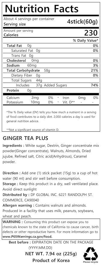 DAMTUH Korean Traditional Ginger Tea Plus - Premium Herbal Tea, 15 Sticks