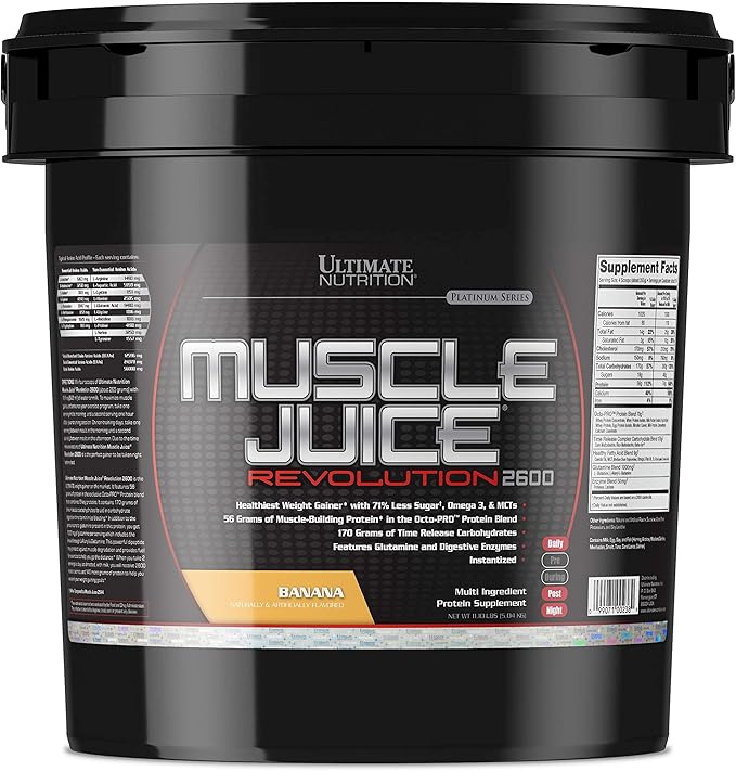 Ultimate Nutrition Muscle Juice 2600 Revolution, Weight Gain Drink Mix - Mass Gainer Workout Powder Supplement for Lean Muscle Growth & Recovery with 56g Protein Blend - Banana, 11.105lb