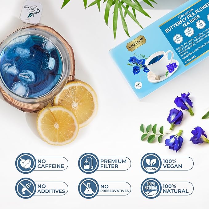 LeafLea 80 Butterfly Pea Flower Tea Bags, Natural Herbal Tea for Blue and Purple Drinks, Mocktails, and Food Coloring, Caffeine-Free, Sugar-Free, Non-GMO, Pack of 2