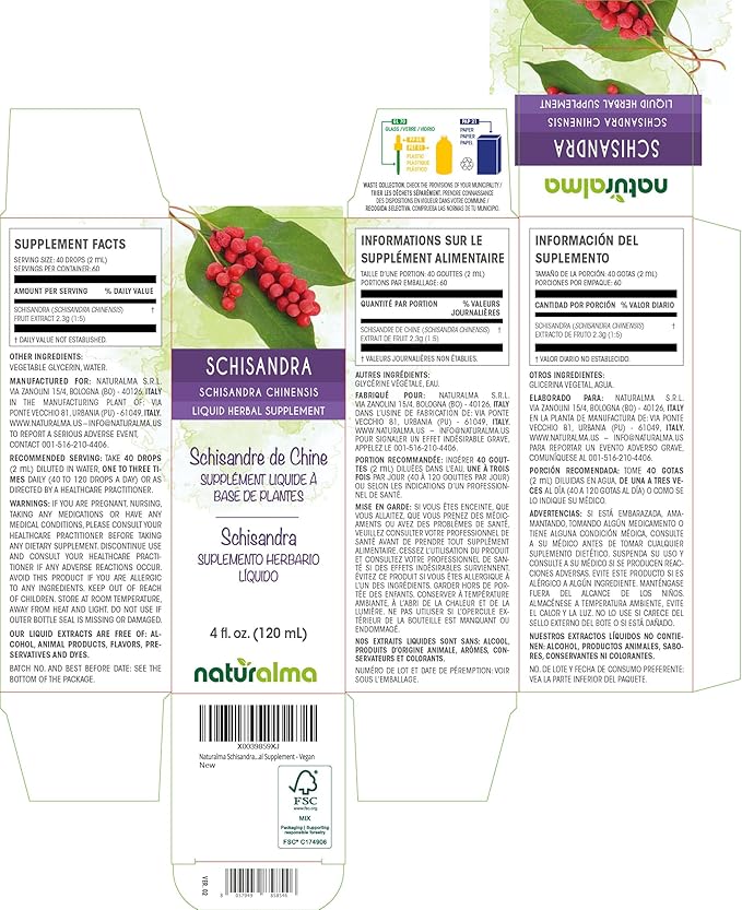 Naturalma Schisandra (Schisandra chinensis) Fruit Alcohol-Free Tincture - 4 fl oz Liquid Extract in Drops - Herbal Supplement - Vegan