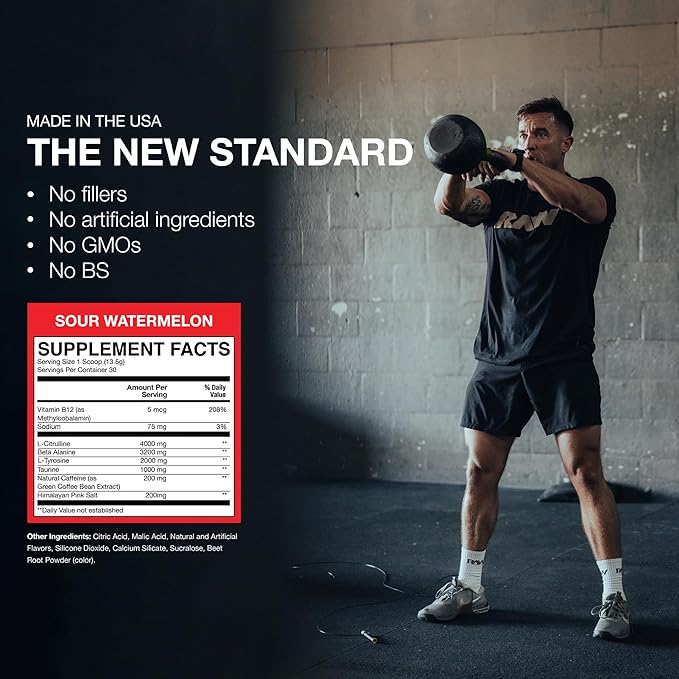RAW Essential Pre-Workout Powder (Sour Watermelon) - Chris Bumstead Sports Nutrition Supplement for Men & Women - Preworkout Energy Powder with Caffeine, L-Citrulline, L-Tyrosine, & Beta Alanine Blend