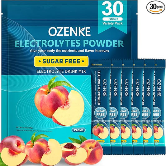 Electrolytes Powder Packets, 30 Sticks Hydration Packets Sugar Free, Electrolyte Drink Mix Portable Electrolyte Packets for Rapid Hydration, 0 Sugar & 0 Calorie, Peach Flavor