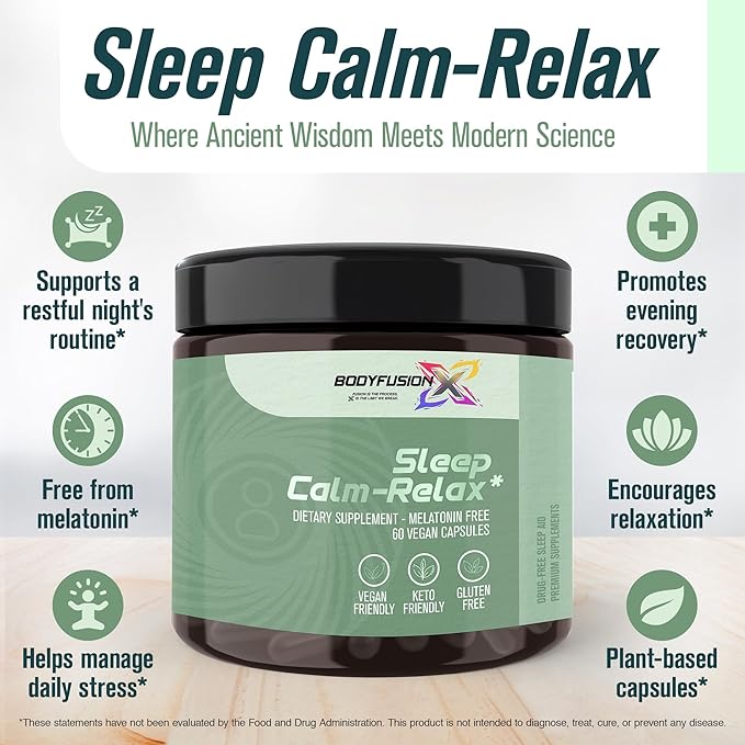 BodyFusion X Sleep Support - Premium Sleep Supplement with Ashwagandha KSM-66, Vitamin B5, L Theanine, & Lemon Balm - Promotes Deep Sleep, Mood Balance, Recovery, & Relaxation - 60 Vegan Capsules