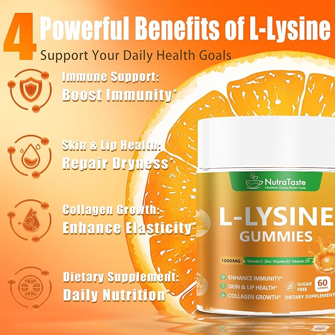 L-lysine Gummies 1000mg, Chewable Lysine Supplement with Vitamin C, D3, K2 & Zinc, Enhance Immunity, Lips & Skin Health, Collagen Growth, Sugar-Free, Gluten-Free, 60 Count (Pack of 2)