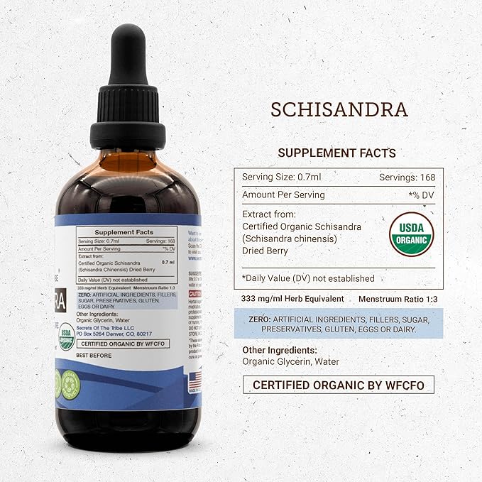 Secrets of the Tribe Schisandra USDA Organic | Alcohol-Free Extract, High-Potency Herbal Drops | Made from 100% Certified Organic Schisandra (Schisandra Chinensis) Dried Berry 4 oz