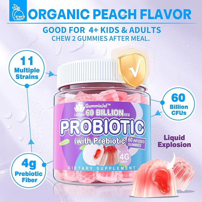 Sugar Free Probiotic Gummies 60 Billion CFU 11 Strains with Prebiotics Fiber, Probiotics Filled Gummies for Women Men Digestive Health, Peach Flavor, Supports Constipation, Diarrhea, Gas & Bloating