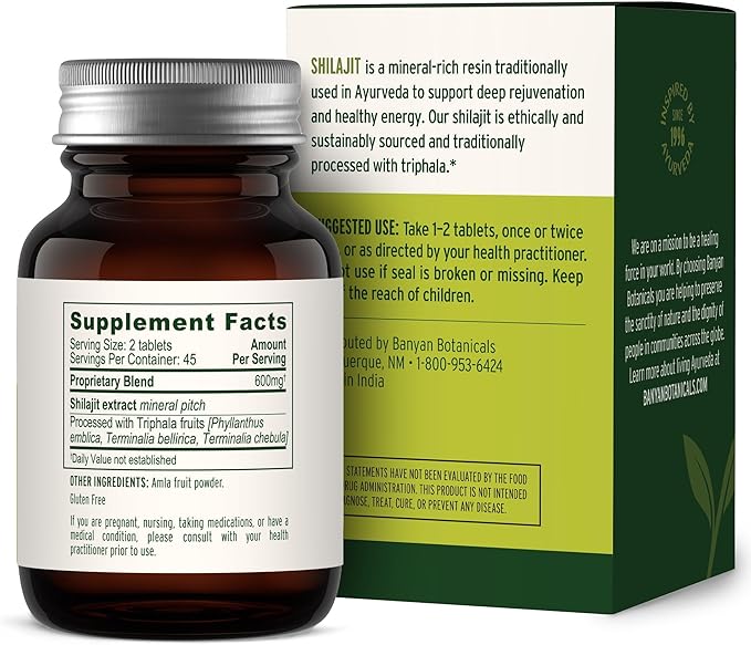 Banyan Botanicals Shilajit – Organic and Sustainable Mineral Pitch – Mineral-Rich Shilajit Supplement for Natural Detoxification and Healthy Aging* – 90 Tablets – Non GMO Sustainably Sourced Vegan