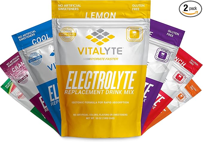 Vitalyte Electrolyte Powder Drink Mix, Isotonic Electrolyte Hydration Mix, Gluten Free Post Workout Powder Mix, Pack of 2, 35 oz. Each, Lemon Flavor
